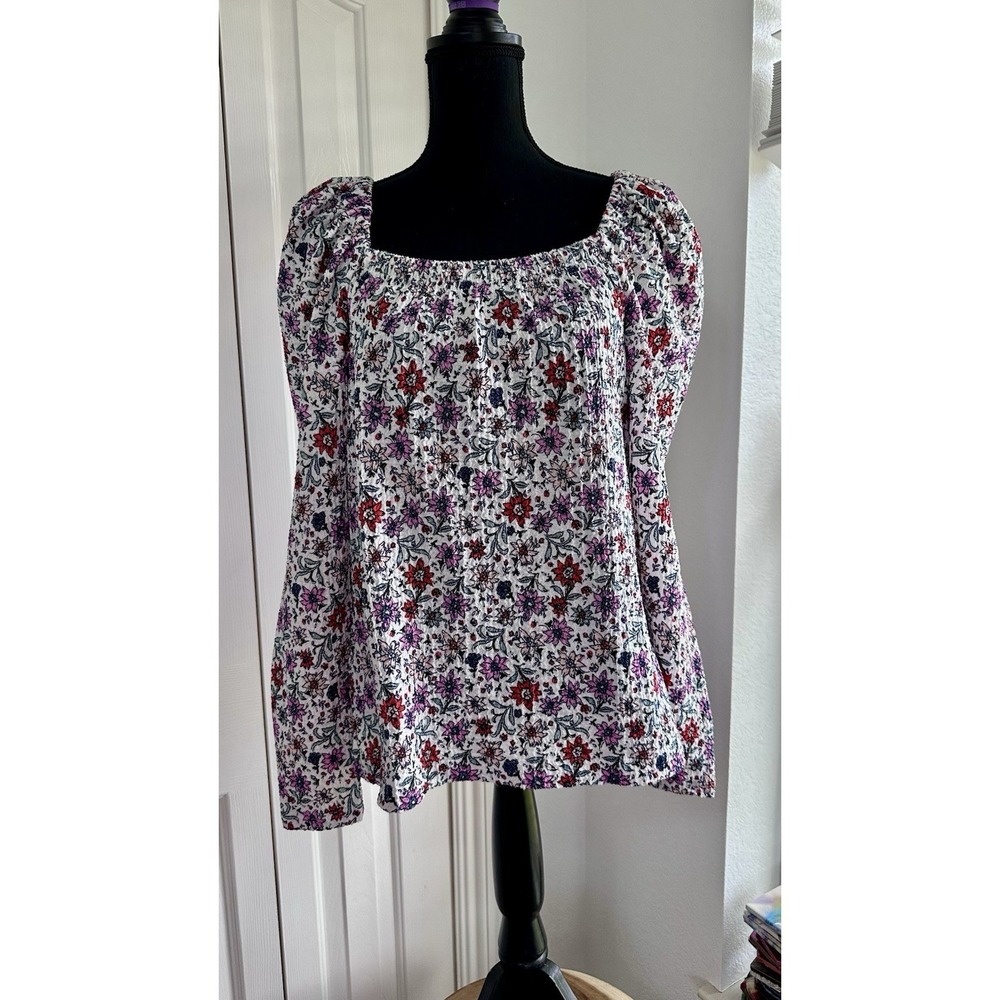 Loft Ann Taylor Blouse Garden Square Neck Long Sleeve Floral Boho Medium